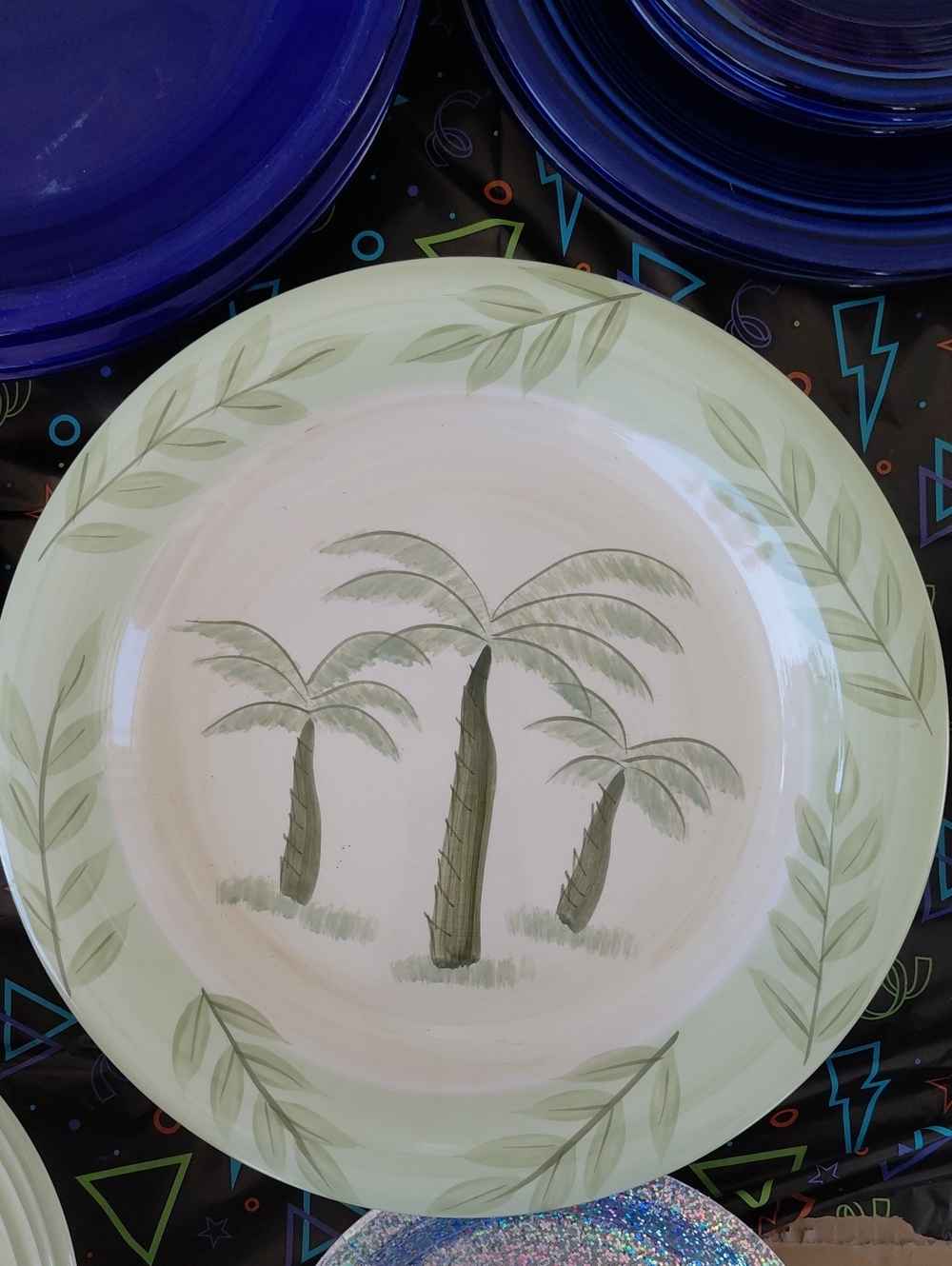 Hand-Painted Palm Tree Ceramic Dinner Plate in Sage Green Set Of 4 Plates Only.